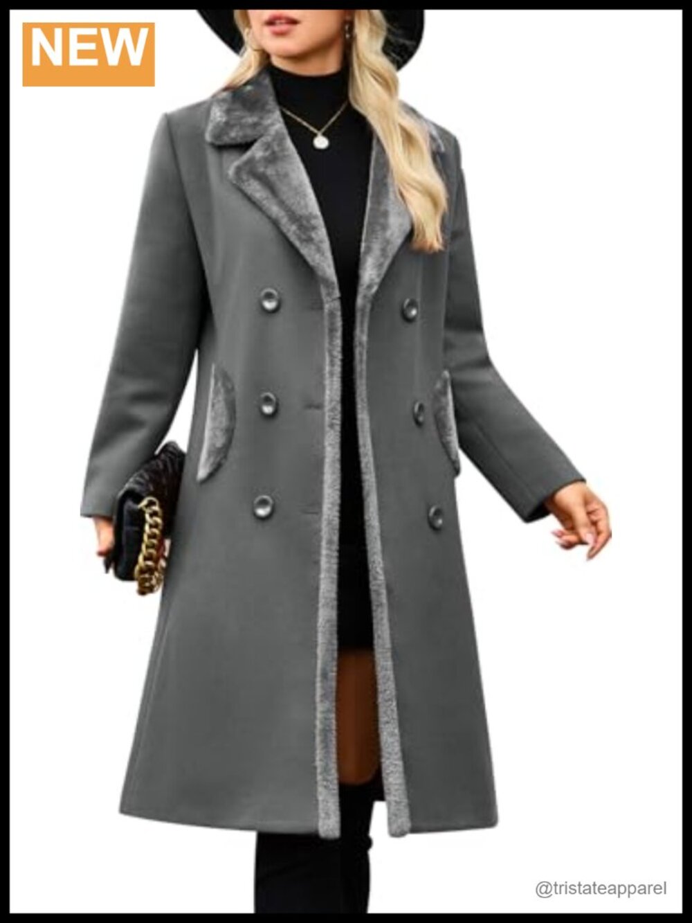 Women's Double Breasted Wool Pea Coat, Notch Lapel Faux-Fur Collar, Mid-Calf
